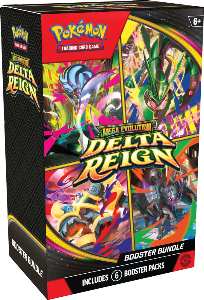 Pokémon Trading Card Game Mega Evolution Delta Reign Booster Bundle box, featuring vibrant multicolor character artwork and bold yellow, red, and black packaging.