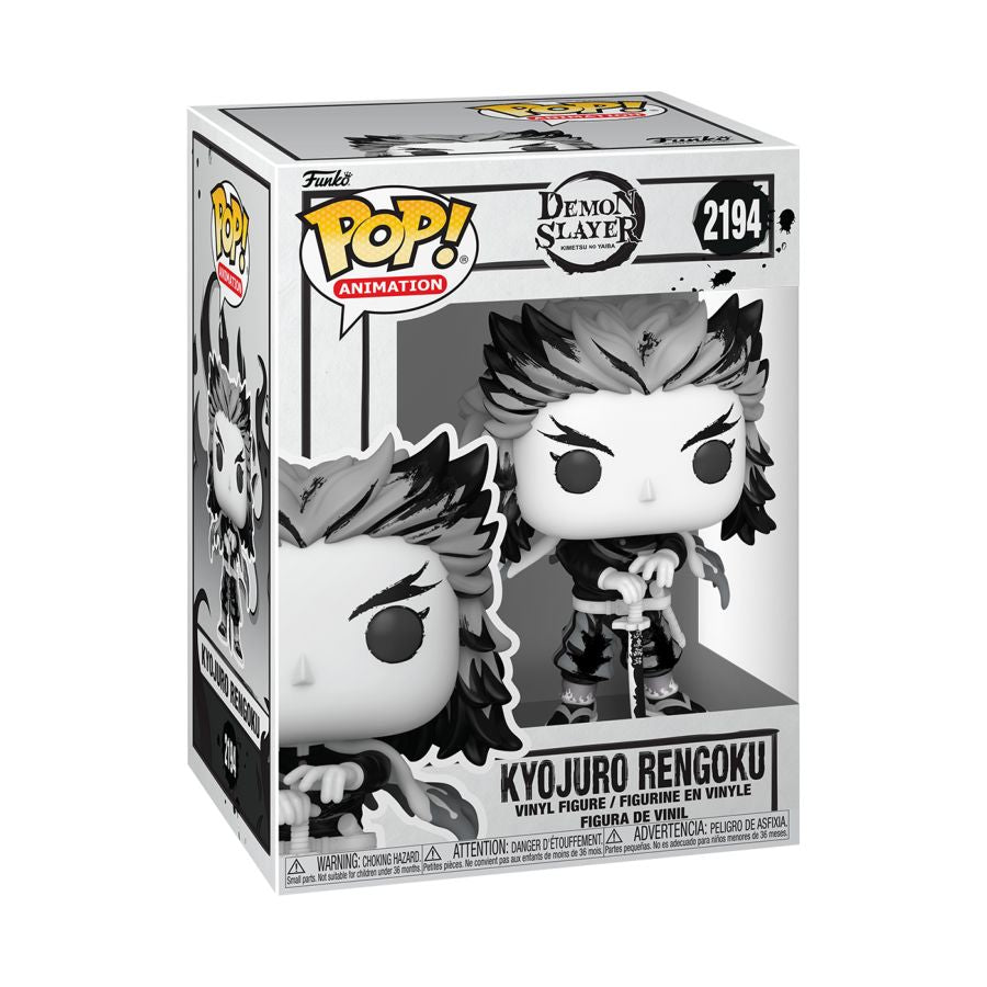 Black and white Rengoku action figure, in Funko packaging.
