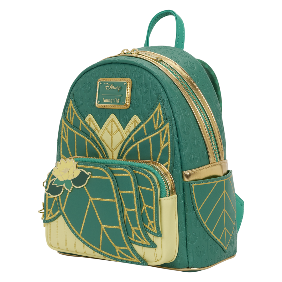 Green backpack with gold accents featuring a Disney logo on a white background. Disney - Princess Tiana Mini Backpack.
