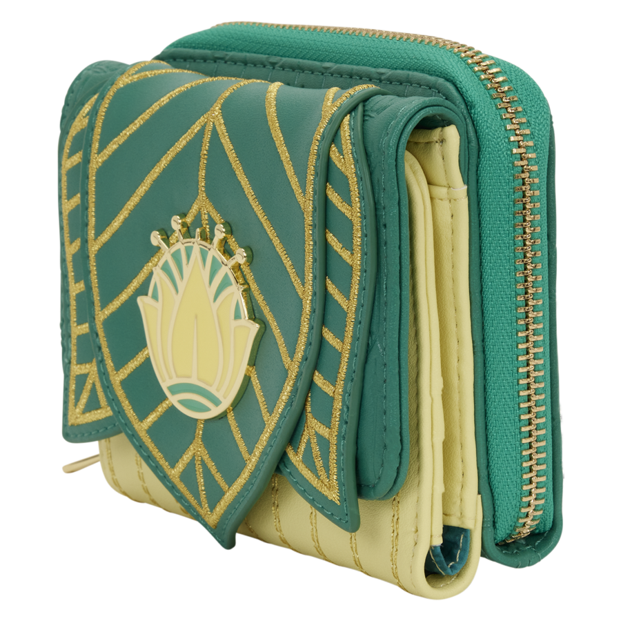Green and beige wallet with decorative emblem on a white background. Disney - Princess Tiana Trifold Wallet.
