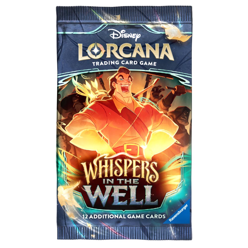 A sealed Disney Lorcana Trading Card Game booster pack for 'Whispers in the Well', featuring artwork of the character Kaelen with glowing flames and a dark blue background.