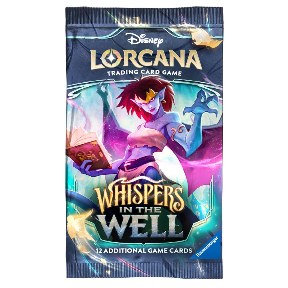 A sealed Disney Lorcana Trading Card Game booster pack for Whispers in the Well, featuring colorful fantasy artwork of a red-haired female character and the product title on a dark blue background.