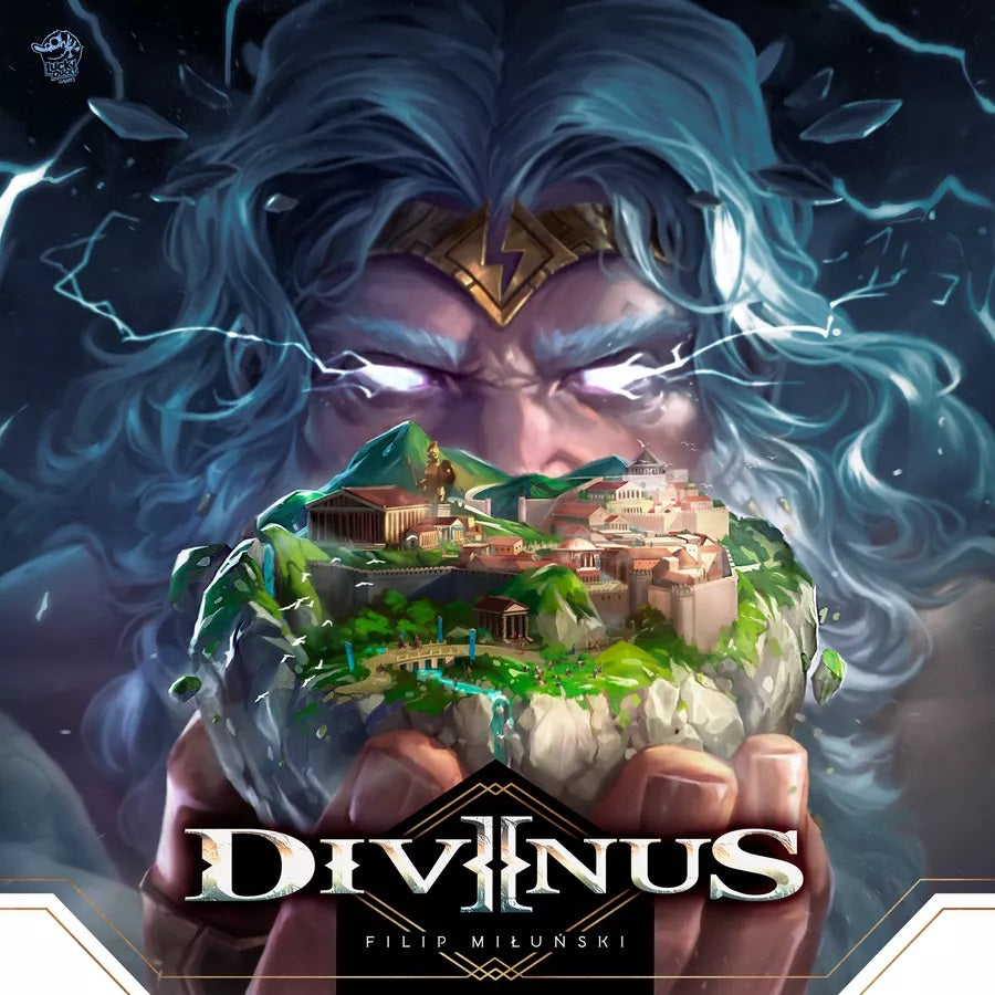 Cover of 'Divinus' by Filip Milunski featuring a deity holding a world in hands with a dark background.