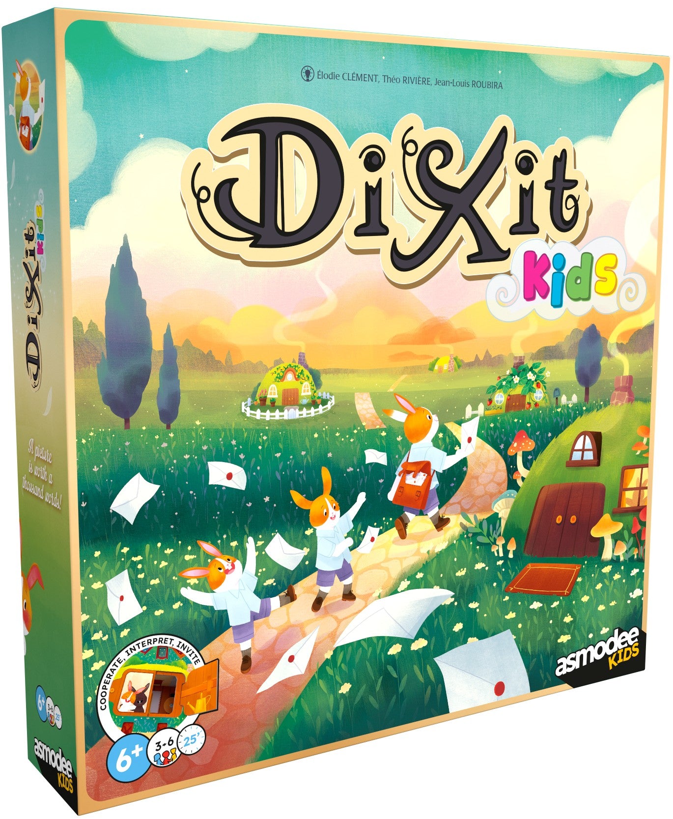 Board game box for 'Dixit Kids' by Asmodee with colorful illustration of children and landscape.