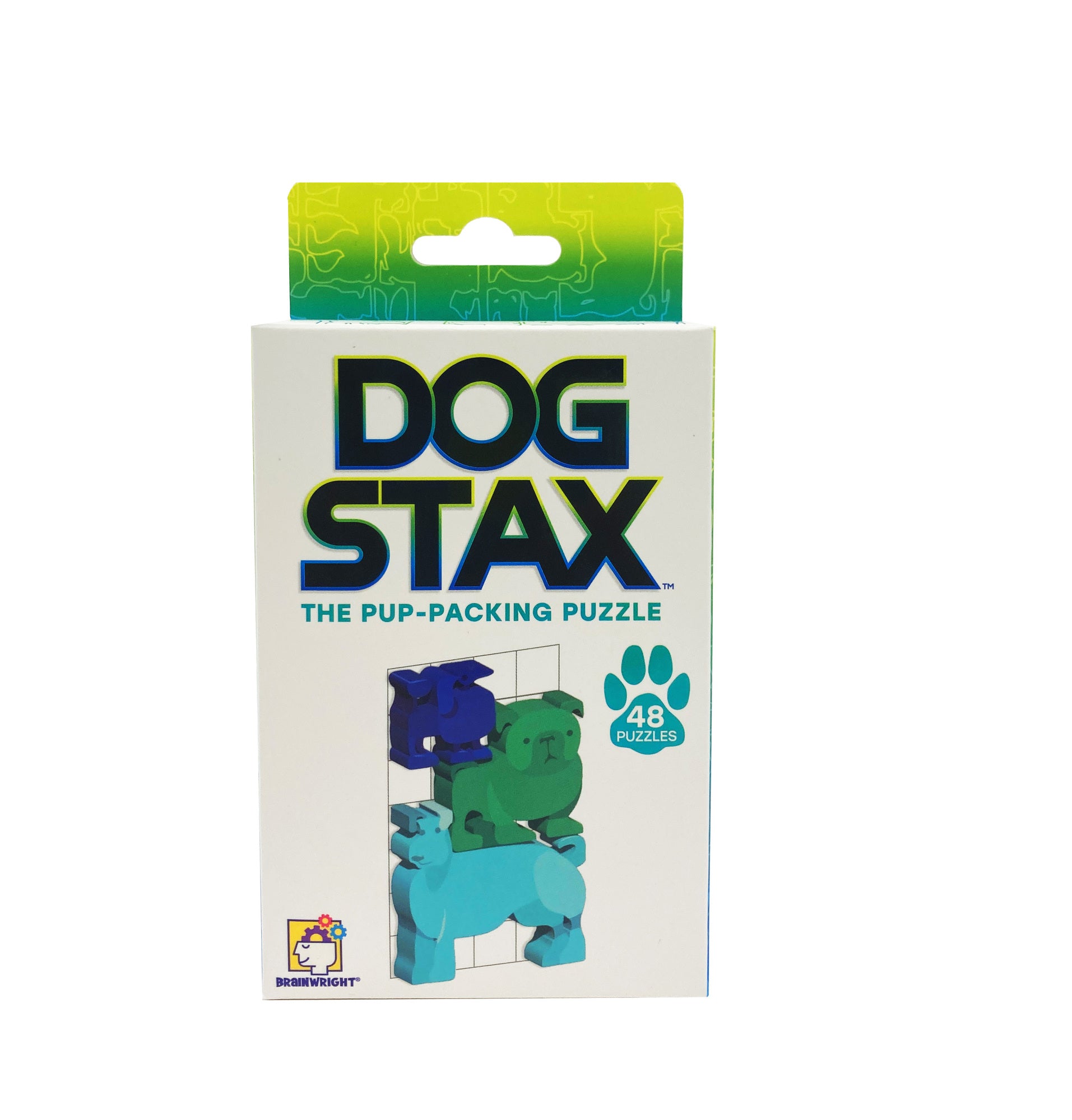 Dog Stax the Puzzle Packaging, with three dogs stacked on top of each other and a white background.