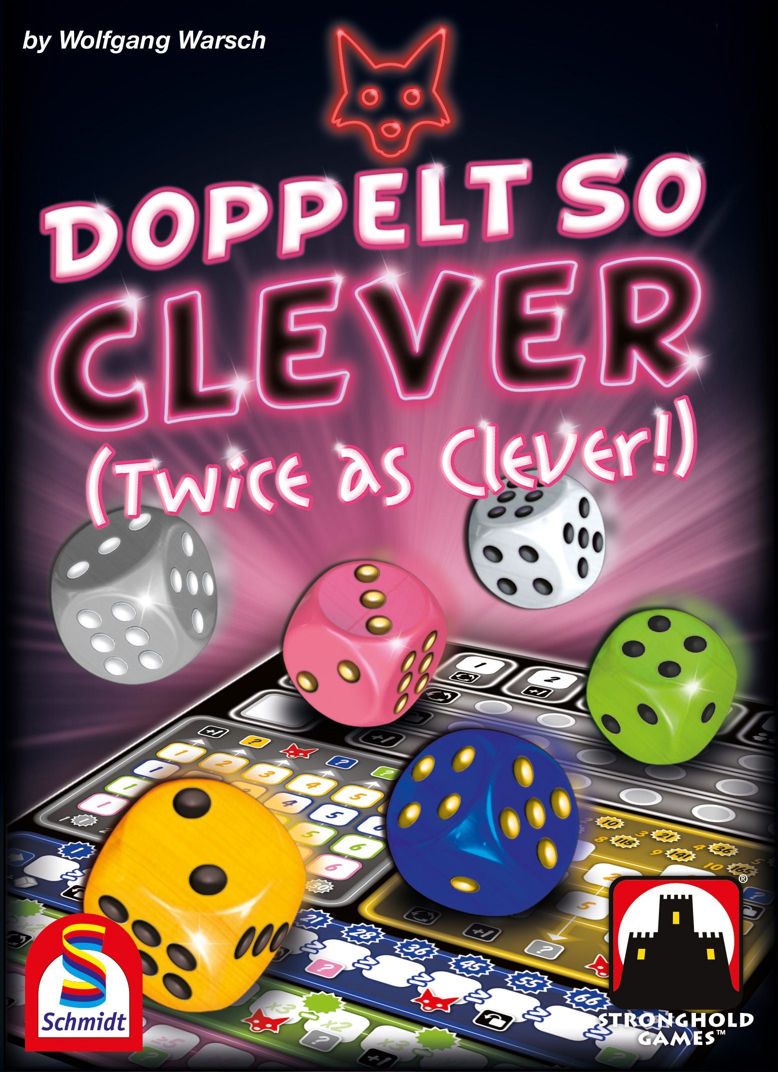 Board game cover titled 'Doppelt So Clever' with dice and game board design.
