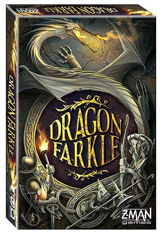 Dragon Farkle game box with intricate designs and text on a black background