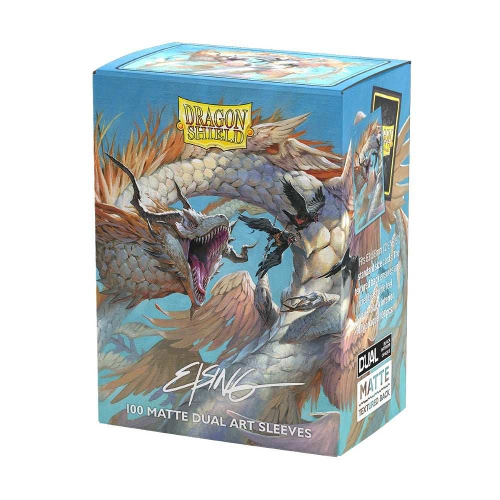 Dragon Shield card sleeves packaging with artwork of a dragon and a creature, featuring the brand name on a blue background.
