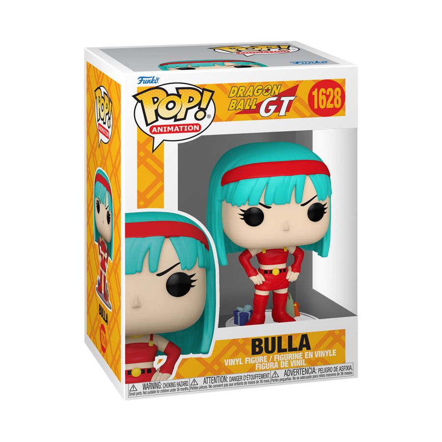 Blue haired Pop! Vinyl, with red suit in Funko packaging. Dragonball GT - Bulla Pop! Vinyl