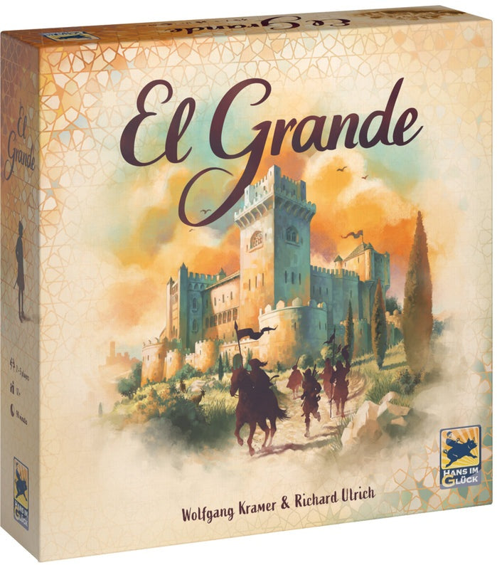 Board game box for 'El Grande' with castle illustration and game components.