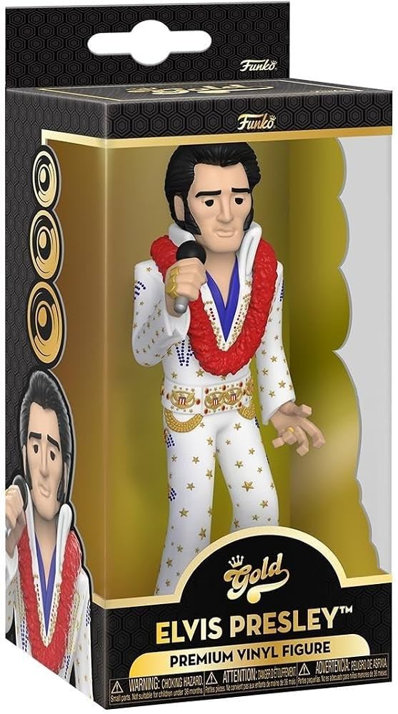 Funko Branded Packaging with clear window. Elvis is wearing an all white suit with gold stars and microphone in hand. 