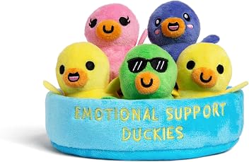 Plush Multicolour ducks in a blue plush bucket. 