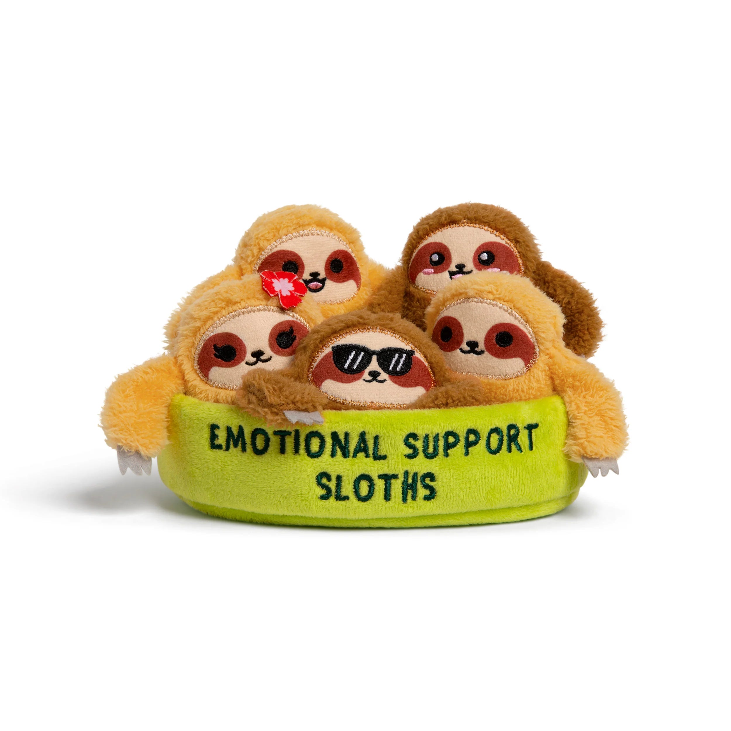 Plush Sloths in a green plush basket. 
