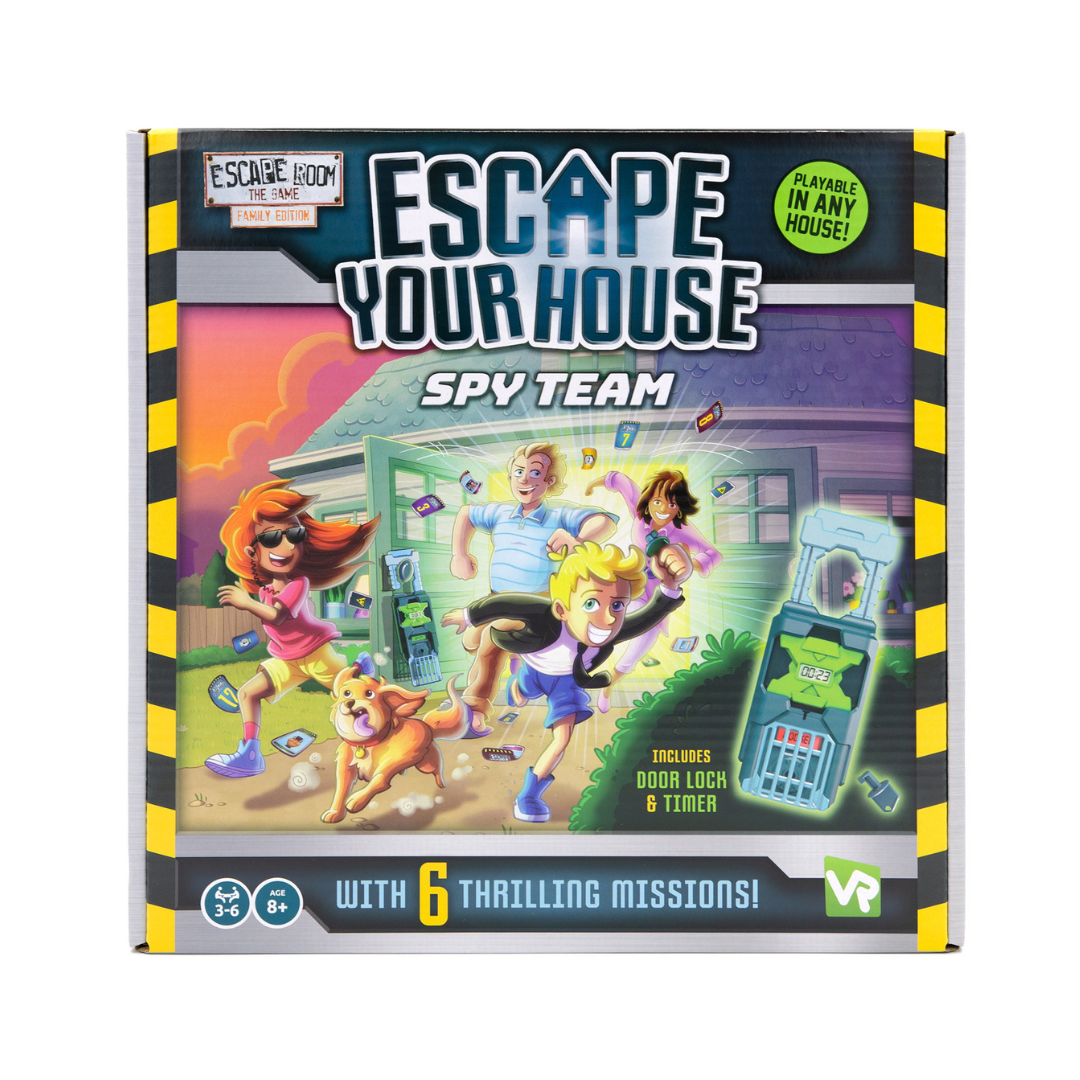 Box of 'Escape Your House' Spy Team game with colorful graphics and text.