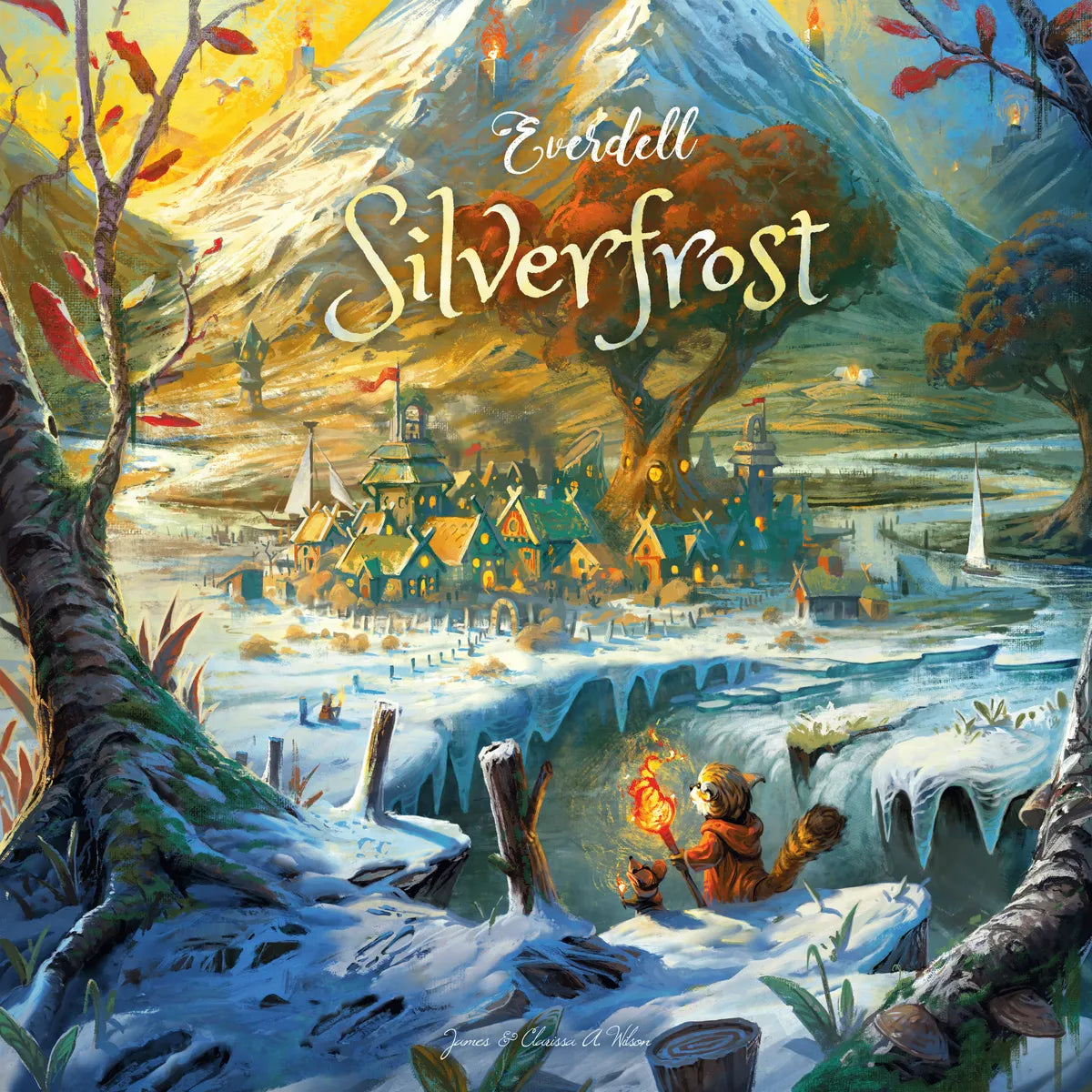 Everdell Silverfrost board game. An image of Everdell Silverfrost the games cover. Featuring two rodents looking down upon a peaceful Woodside village. 