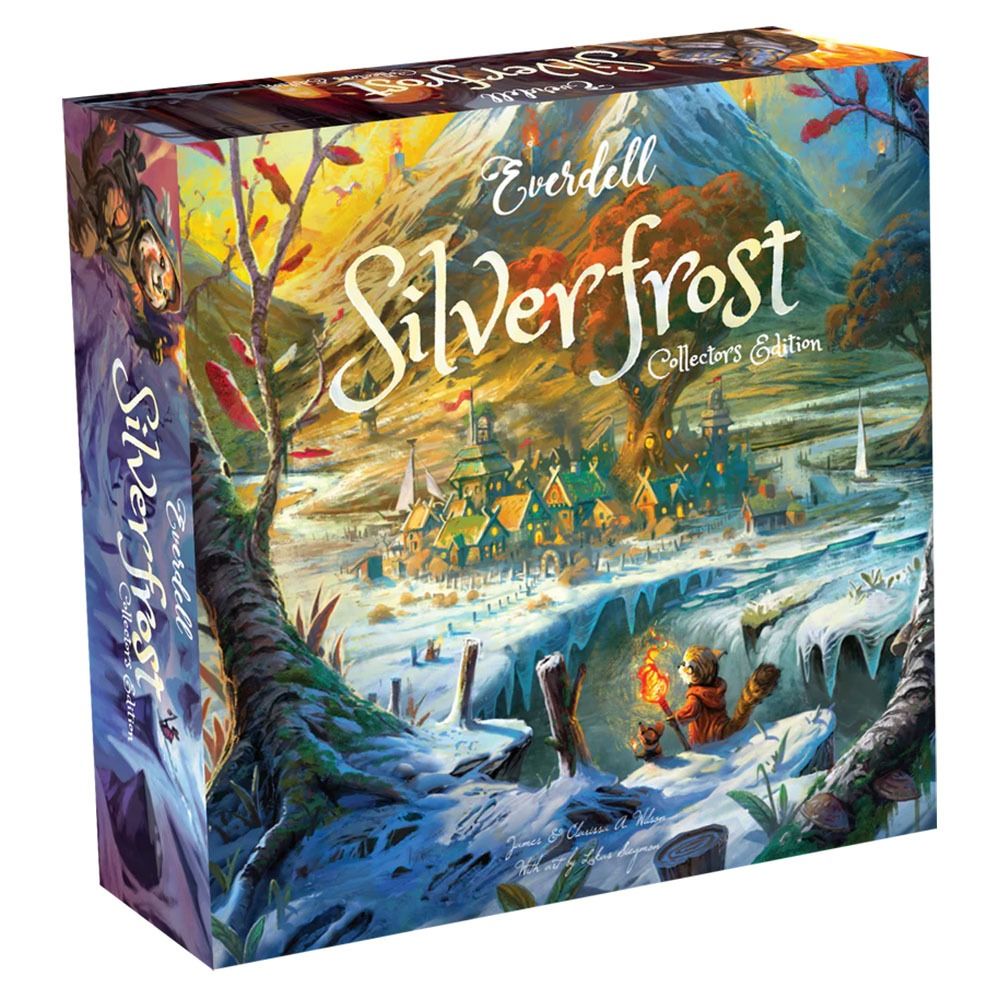 Board game box for 'Everdell: Silverfrost' with a winter landscape illustration.