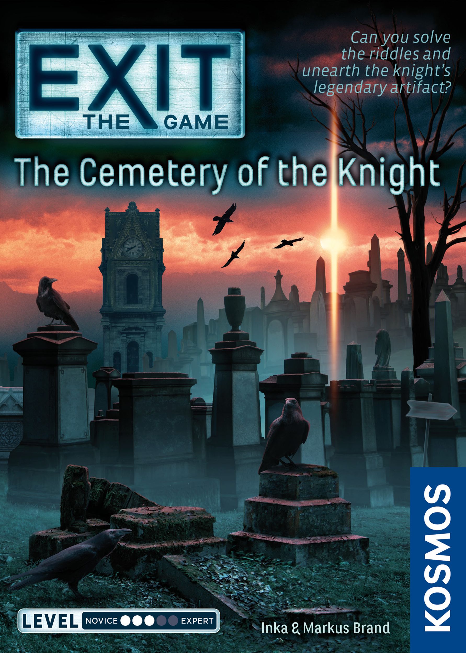 Cover of 'Exit: The Cemetery of the Knight' board game by Kosmos, featuring a cemetery scene with tombstones and a clock tower.