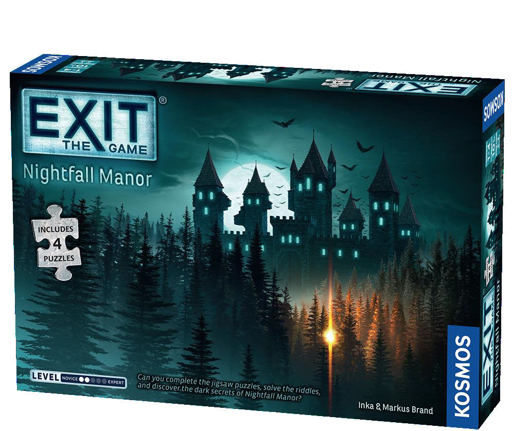 Image includes front cover of Exit the game Nightfall Manor. A mysterious Castle sits ominously in the distance, with pine trees in the forefront shrouded in mist. Exit the Game Nightfall Manor. 