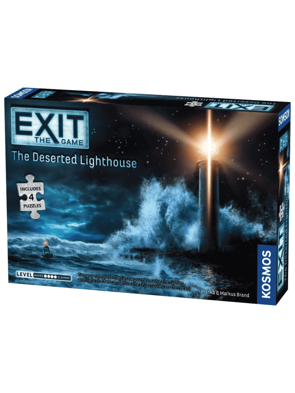 Image contains, Board game cover, which shows a large wave breaking over a towering lighthouse. Exit the Game The Deserted Lighthouse.