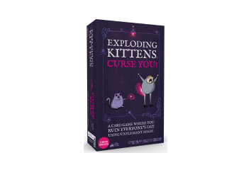 Exploding Kittens Curse You! card game box shown upright on a plain white background. The box is predominantly dark purple with white and pink title text and small cat illustrations.