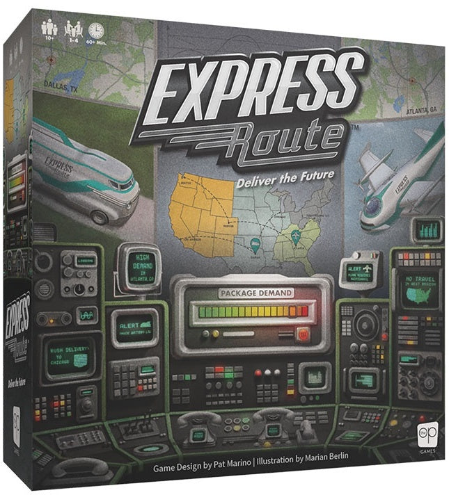 Board game box for 'Express Route' with graphics of a map, vehicle, and airplane.
