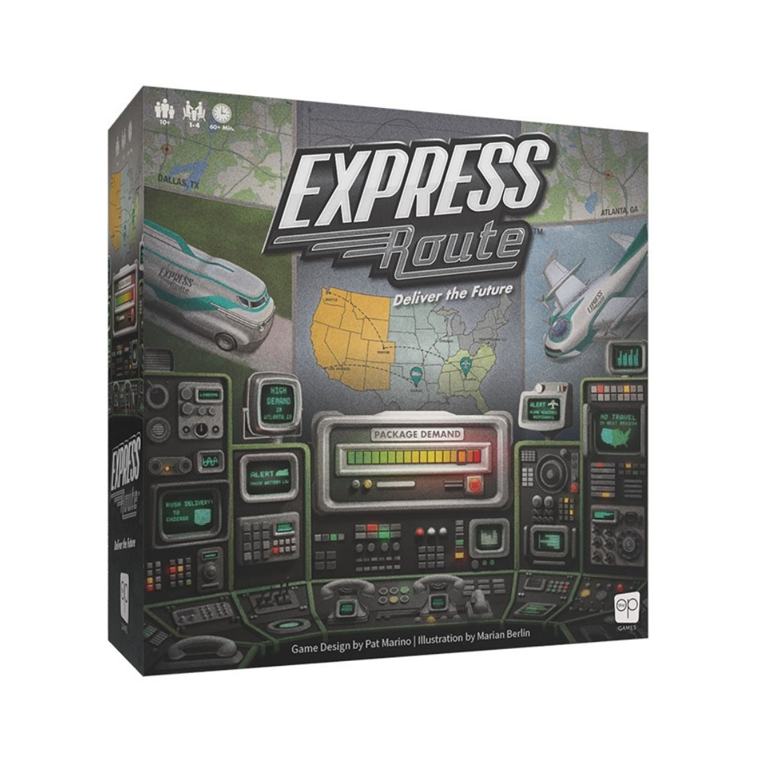 Board game box for 'Express Route' with graphics of a map and transportation vehicles on a white background.