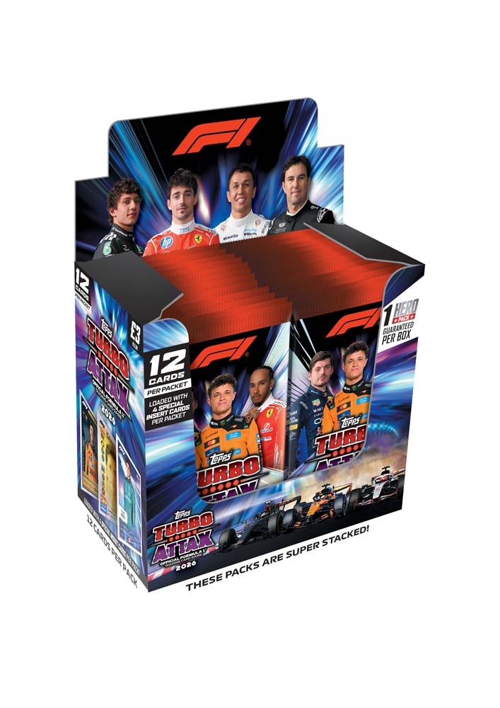 F1 Turbo Affix 2024 12-pack display box containing booster packs, featuring driver portraits and racing graphics on a white background.