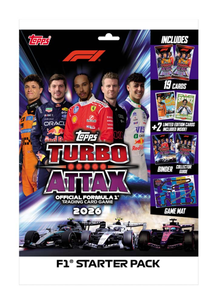 Topps F1 Turbo Attax 2026 Official Formula 1 Trading Card Game Starter Pack card sleeve, featuring drivers Lewis Hamilton, Max Verstappen, Oscar Piastri, Sergio Perez, and Charles Leclerc with racing cars and product contents on the right.