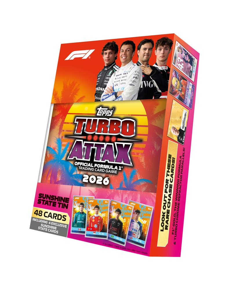 Topps Turbo Attax 2026 Official Formula 1 Trading Card Game box, featuring colorful racing graphics, driver photos, and card previews on a white background.