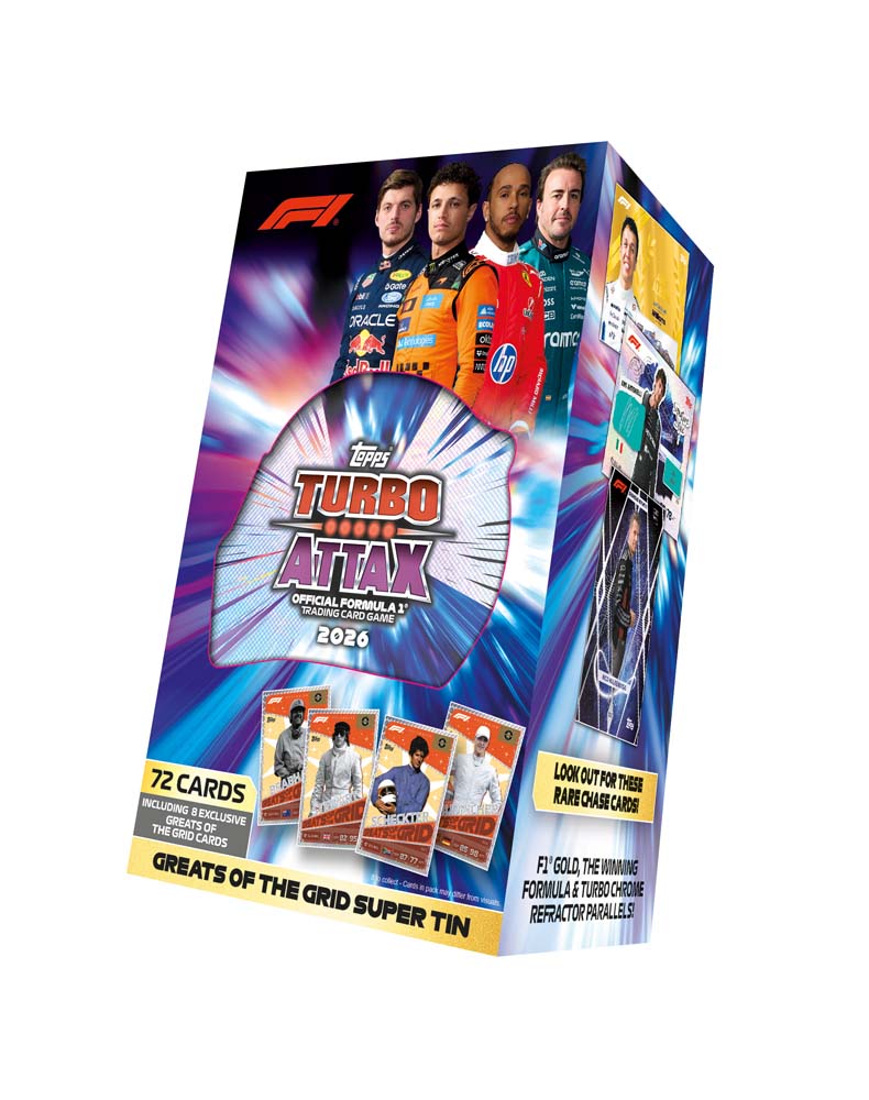 Topps Turbo Attax 2026 Formula 1 trading card booster box shown at a three-quarter angle on a plain white background.