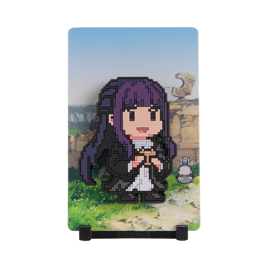 Pixelated character figurine on a scenic card