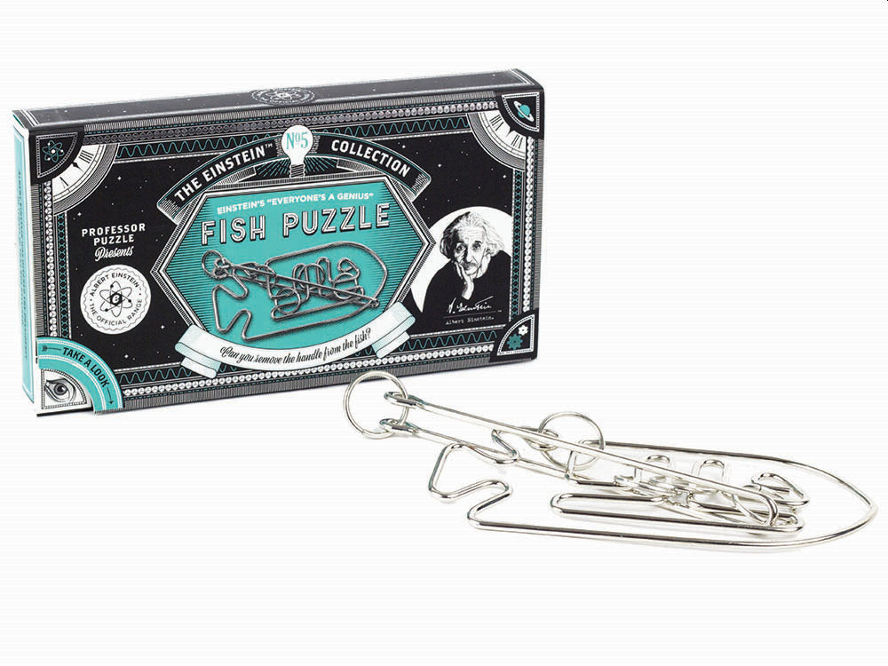 Einstein-themed fish puzzle packaging with a metal fish puzzle piece on a white background