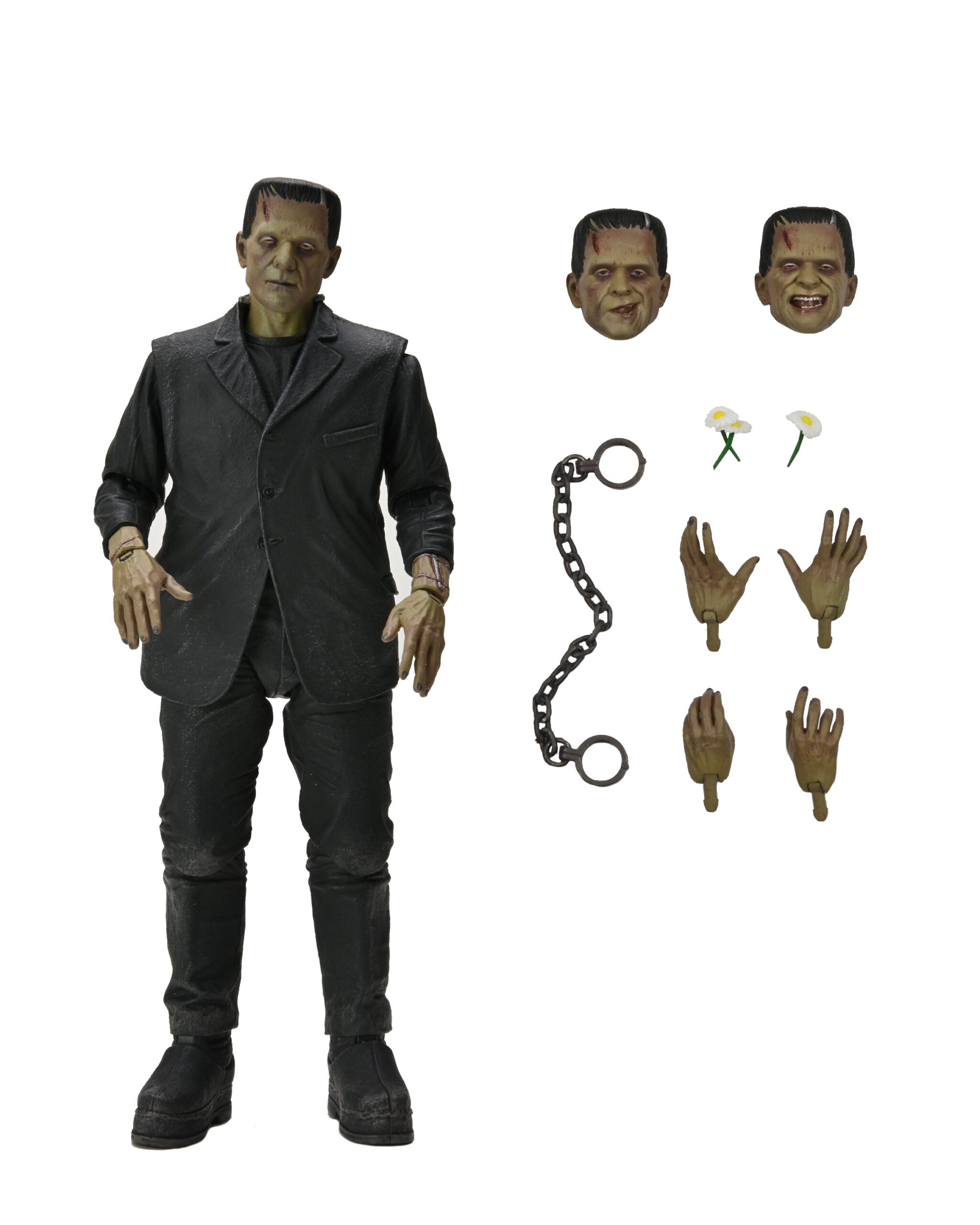 Action figure of a character in a suit with interchangeable parts on a white background