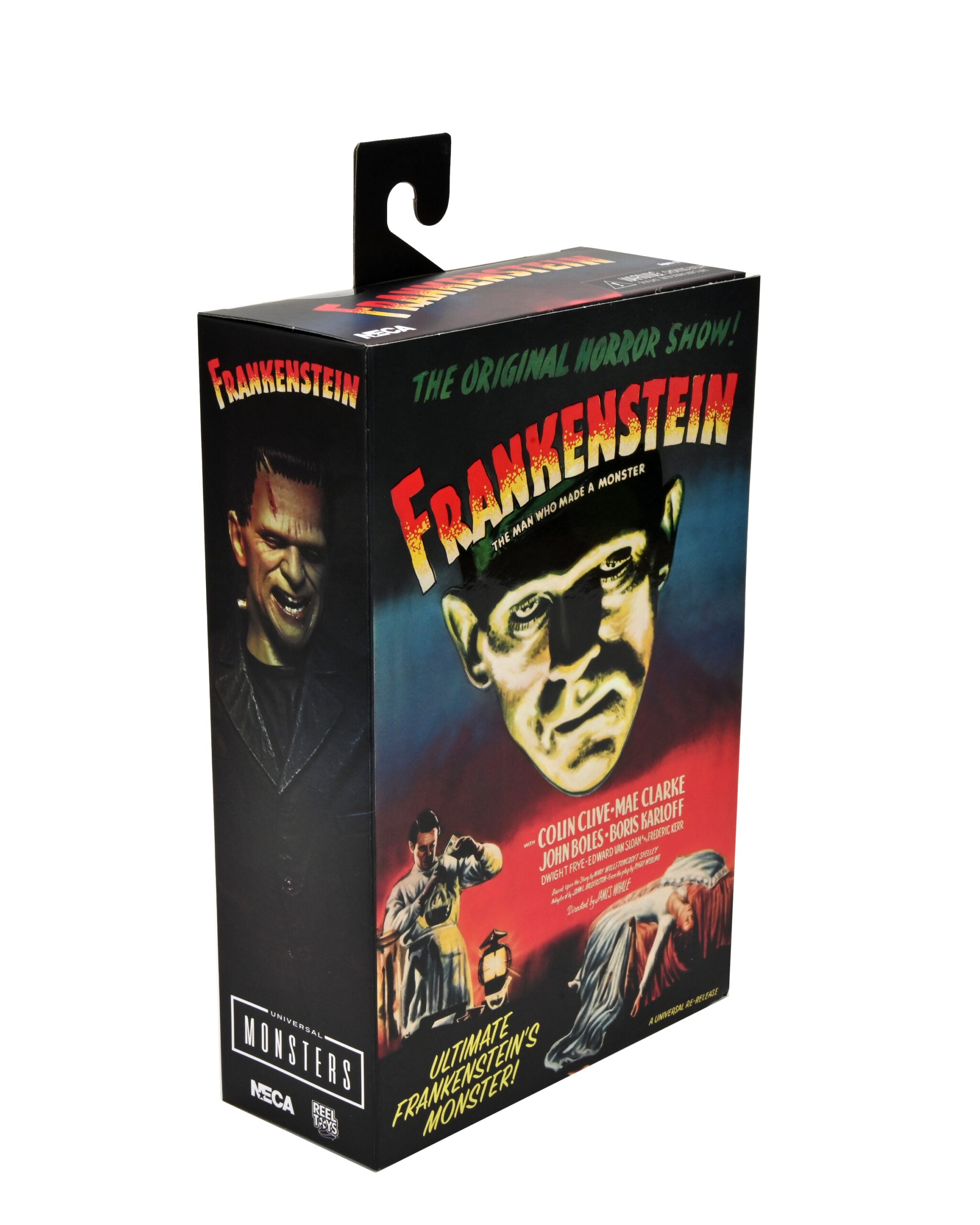 Box packaging of a Frankenstein product with classic horror movie poster design.