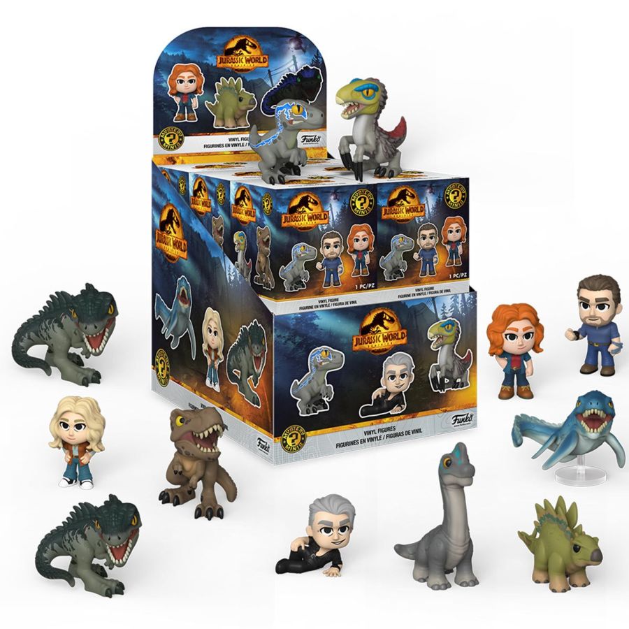 Jurassic World action figures displayed around their packaging on a white background