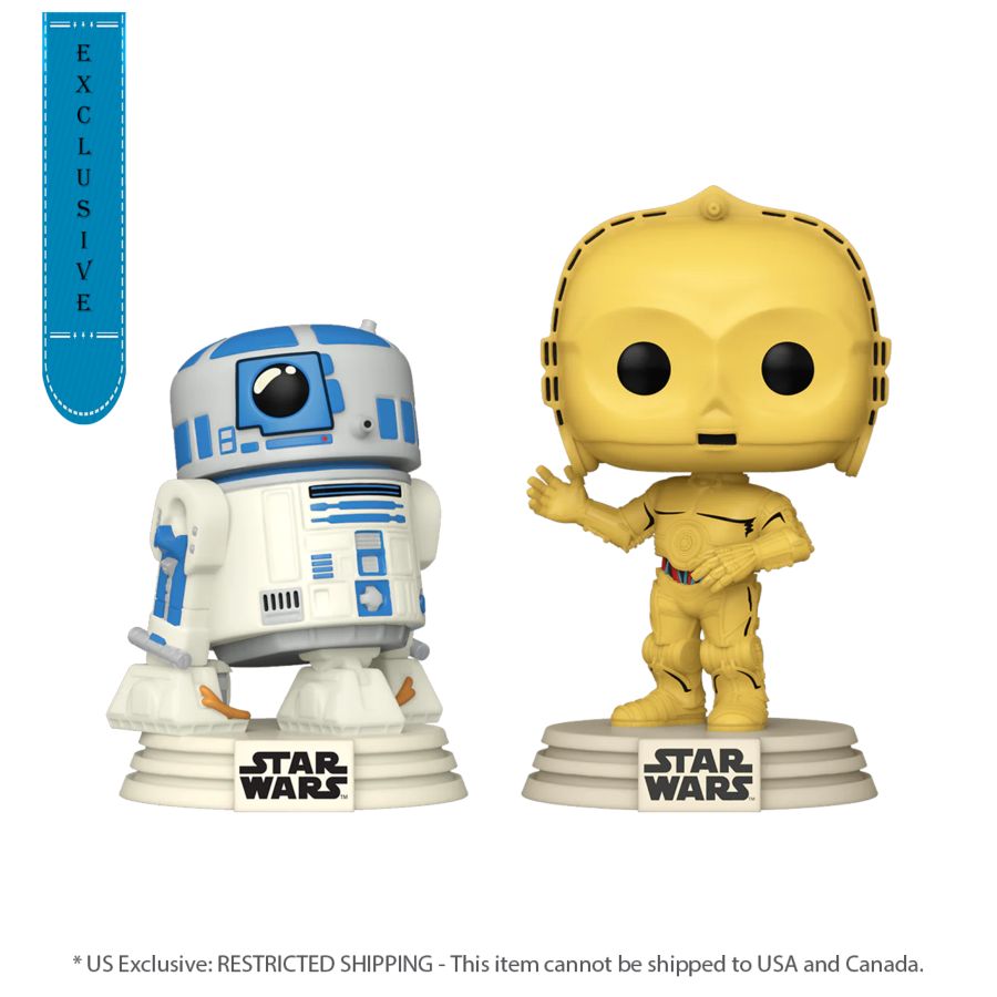 Funko Pop! vinyl figures of R2-D2 and C-3PO from Star Wars, shown side by side on a white background with a blue vertical 'EXCLUSIVE' banner and a shipping restriction note at the bottom.