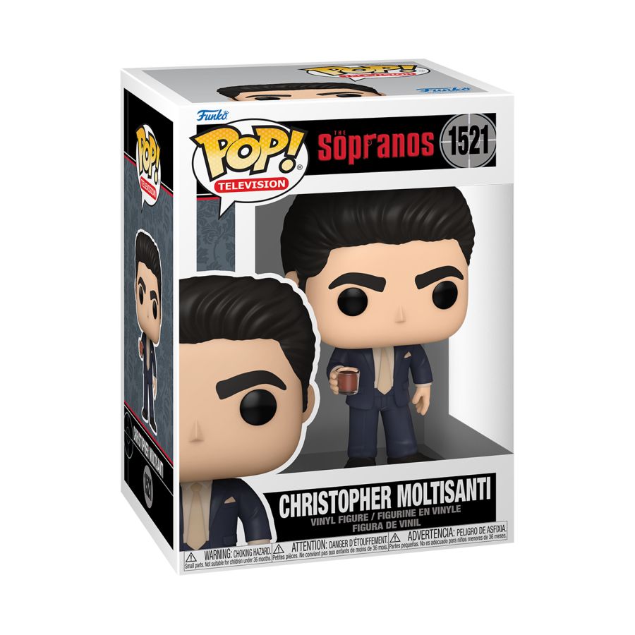 A packaged Funko Pop! vinyl figure of Christopher Moltisanti from the Sopranos, depicted in a suit holding a cigarette.
