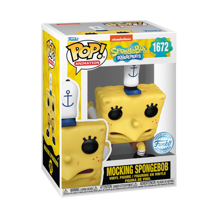 Funko Pop! vinyl figure packaging of a yellow character with black eyes and blue shoes, featuring the Funko logo and SpongeBob SquarePants branding.