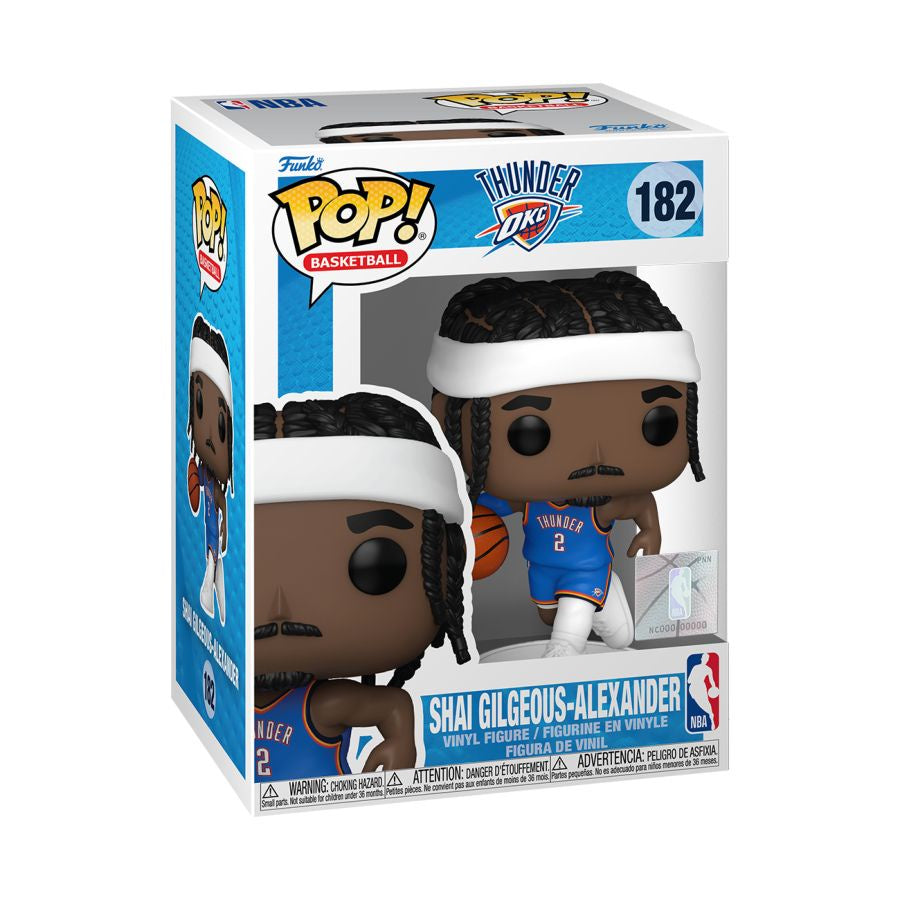A Shai Gilgeous-Alexander Pop! vinyl figure in a Thunder uniform, packaged in a white box with a clear display window.