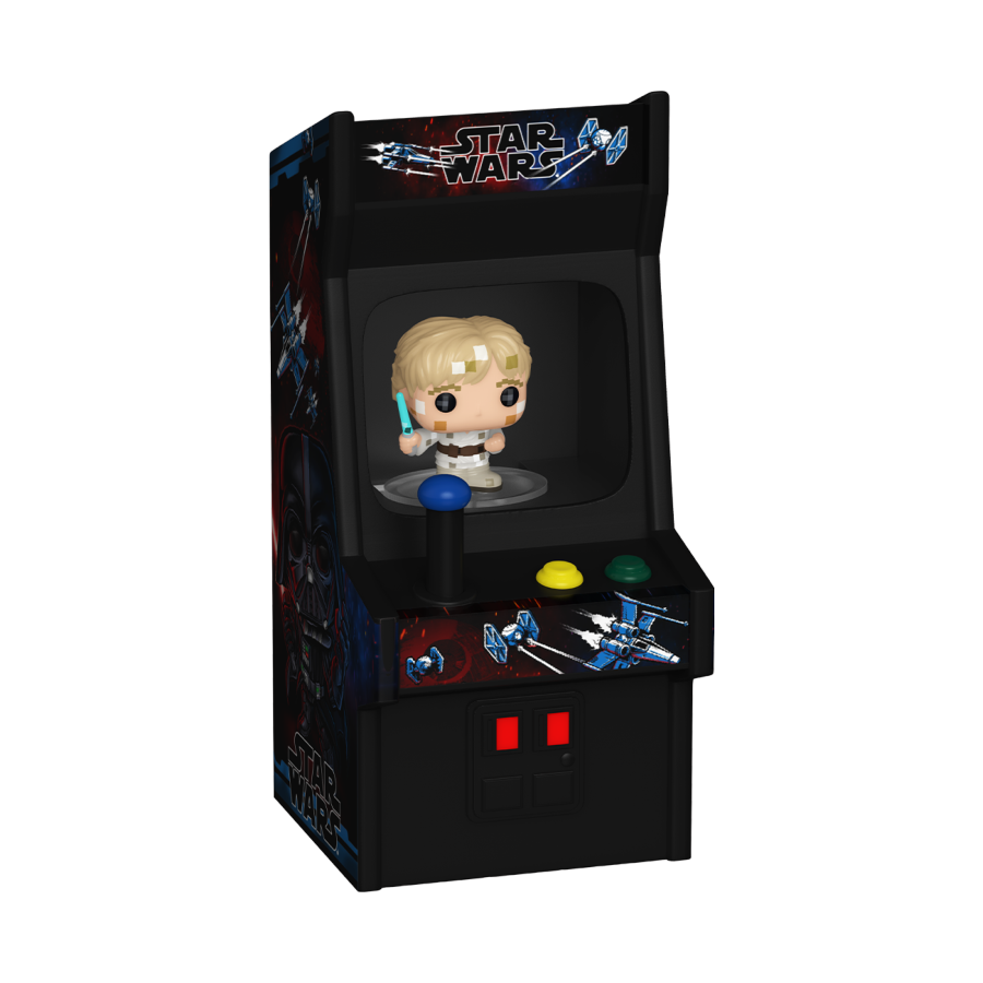 Miniature arcade machine with a character figure on a white background