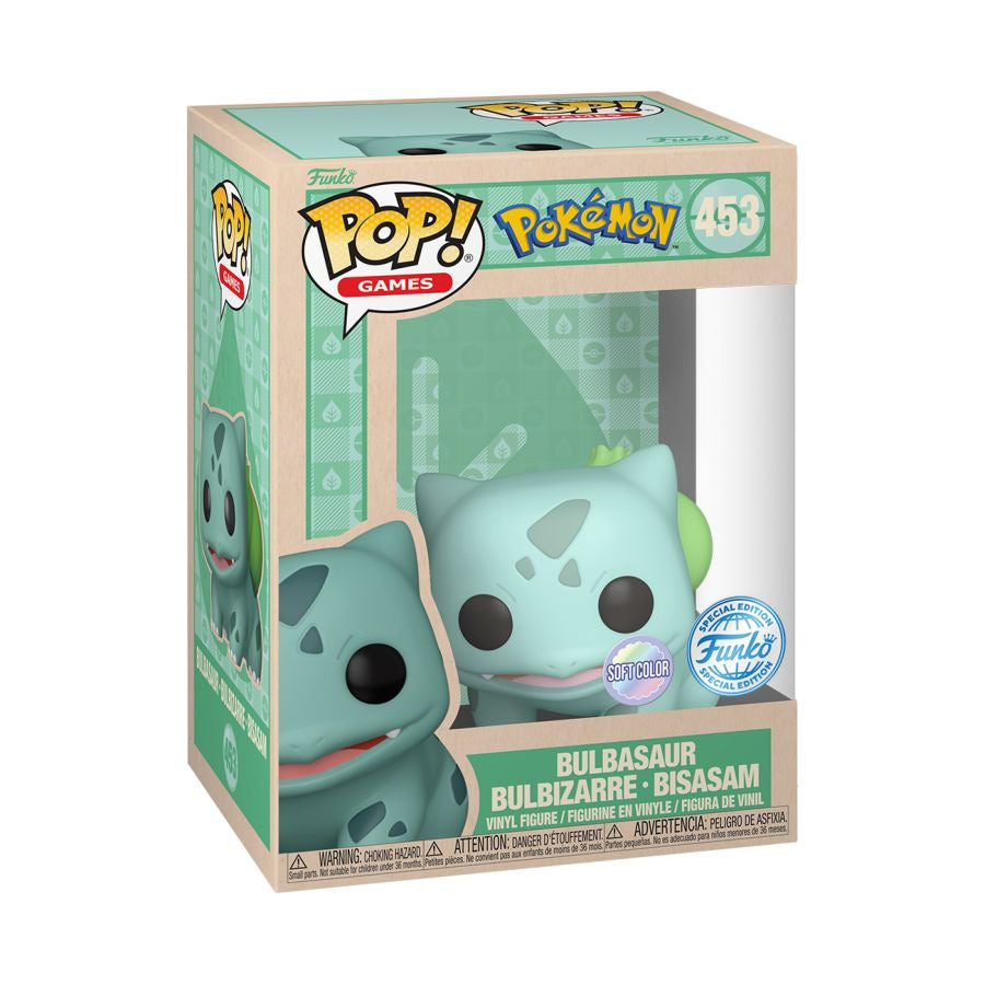A pastel-colored Funko Pop! vinyl figure of Bulbasaur from Pokemon, packaged in a window display box.