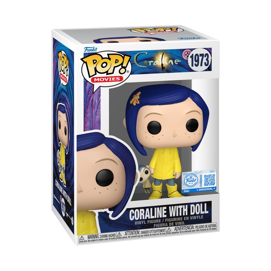 Funko Pop! vinyl figure packaging featuring Coraline with a doll, on a white background.