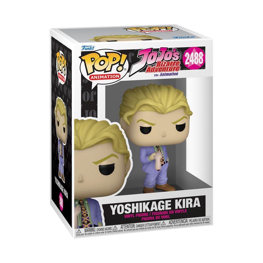 Funko Pop! Animation Yoshikage Kira vinyl figure in its original window box packaging, featuring blonde hair, a purple outfit, and the number 2488.