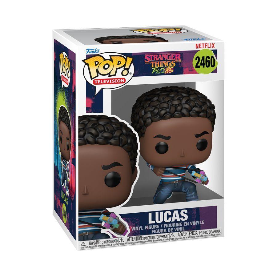 Funko Pop! vinyl figure packaging for Lucas from Stranger Things with Netflix branding.