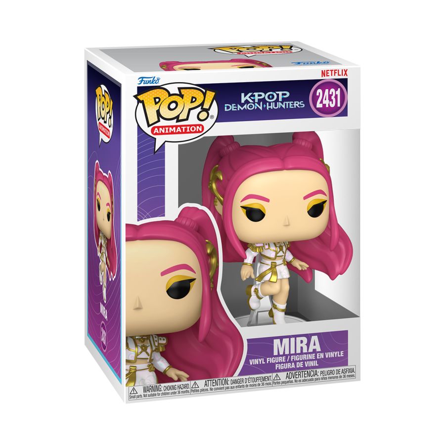 Funko Pop! vinyl figure packaging with pink hair and white outfit on a white background