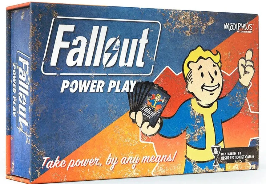 Box of 'Fallout Power Play' game with character illustration and text.