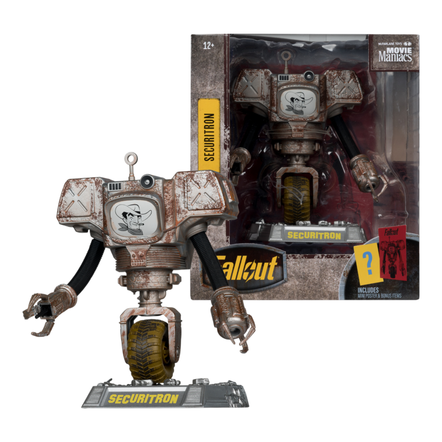 Action figure of a robot named Securitron from Fallout with packaging in the background.