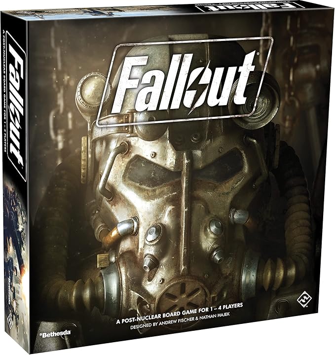 Board game box for 'Fallout' with a detailed helmet design on a dark background