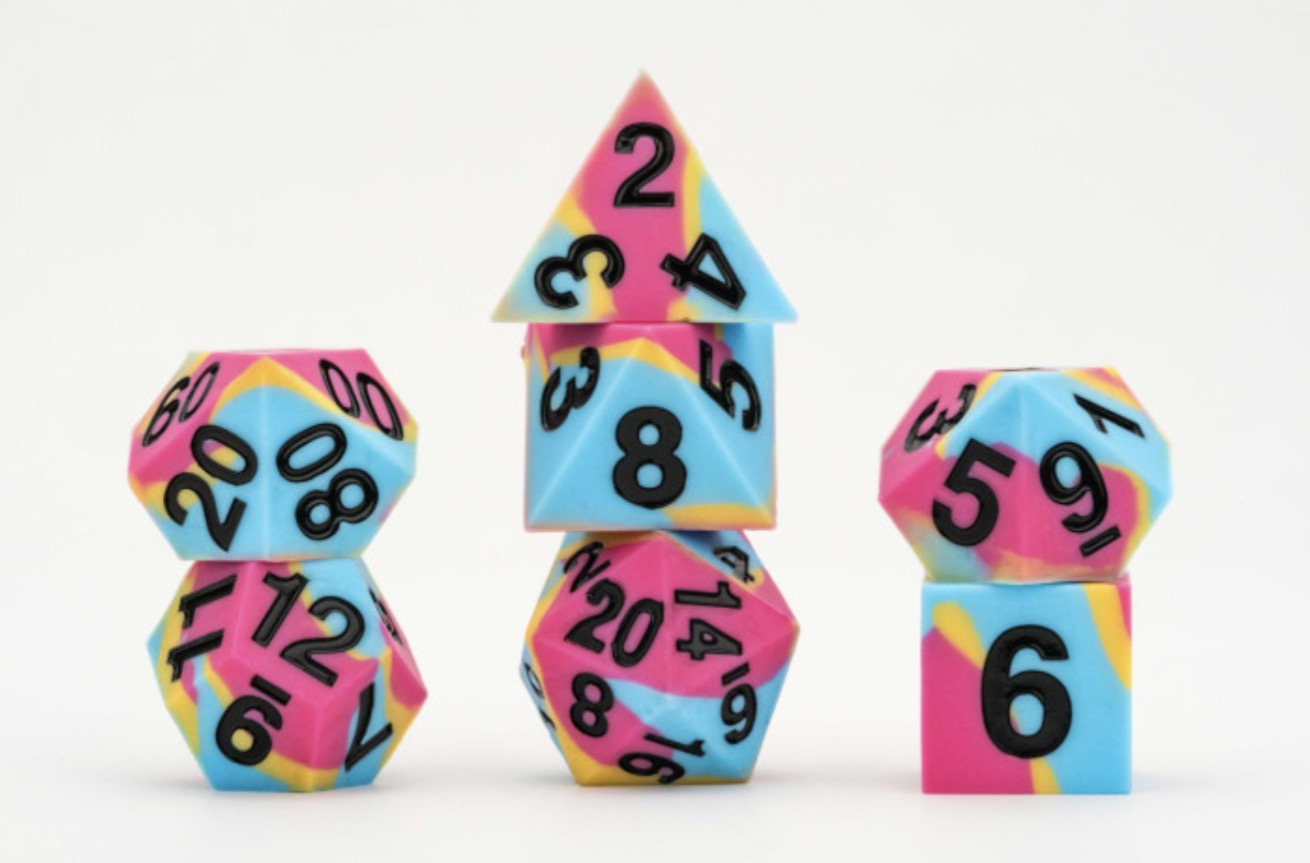 Colorful polyhedral dice set on a white background