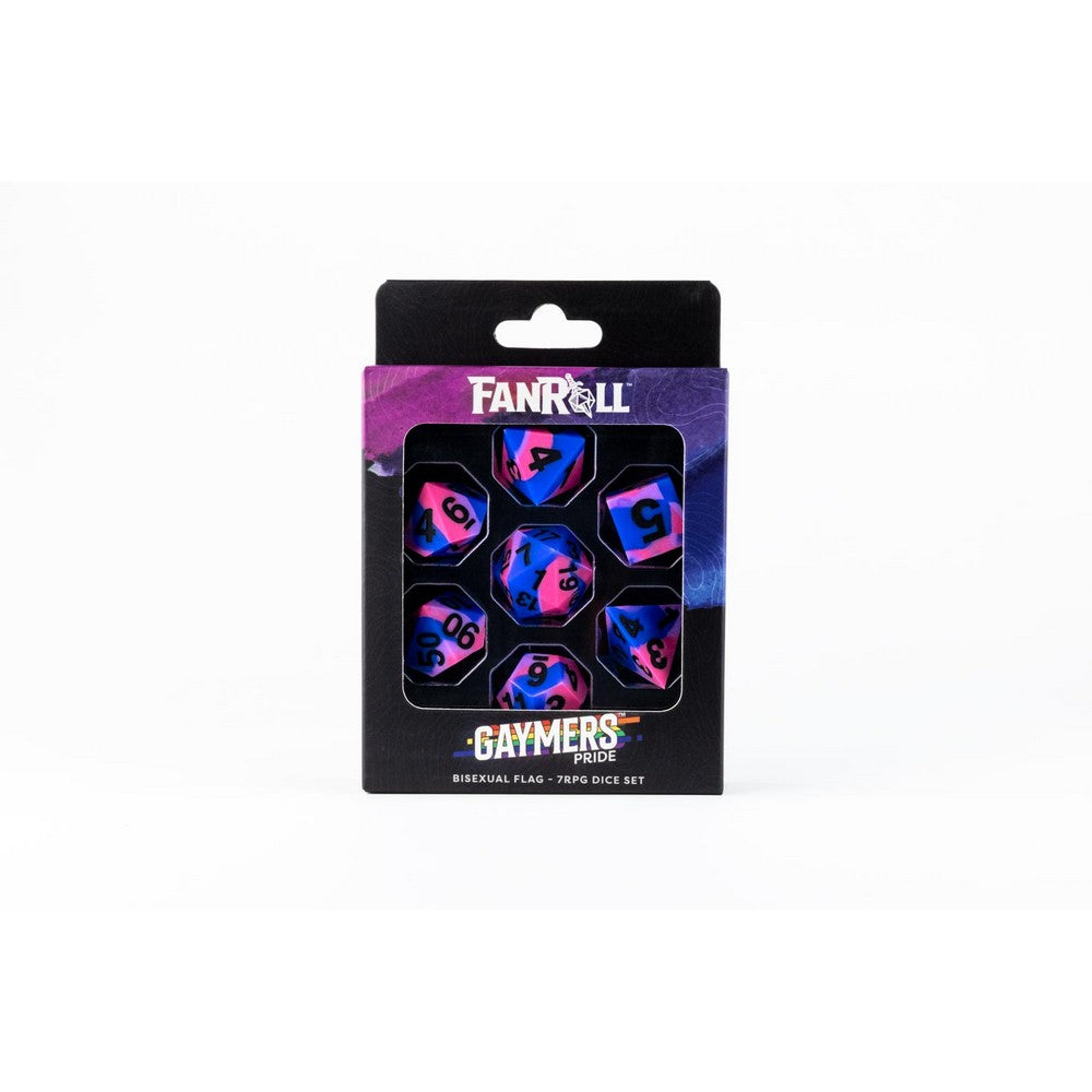 Packaged dice set with the bisexual flags colour scheme on a white background.